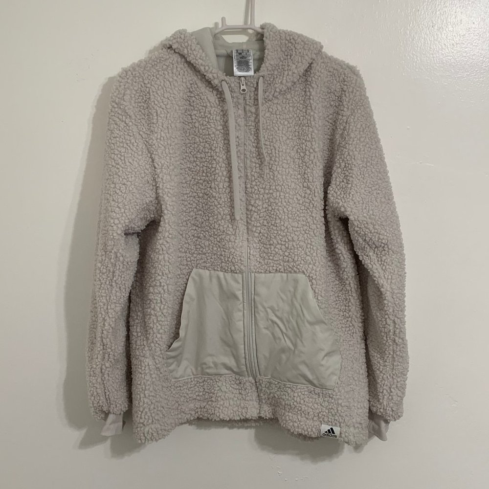 White Adidas Full Zip Sherpa Hoodie, Size M